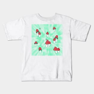 Aesthetic Red Hatted Mushrooms and Butterflies on a Green Tie Dye Background Kids T-Shirt